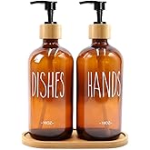 16 Oz Amber Glass Soap Dispenser with Bamboo Tray, Reusable for Hand and Dish Soap, Farmhouse Decor for Kitchen & Bathroom (2-Pack)