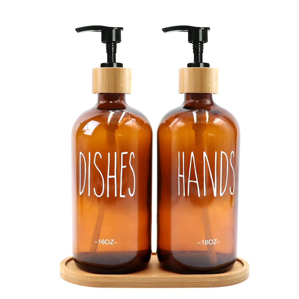 Photo 1 of 16 Oz Amber Glass Soap Dispenser with Bamboo Tray, Reusable for Hand and Dish Soap, Farmhouse Decor for Kitchen & Bathroom (2-Pack)