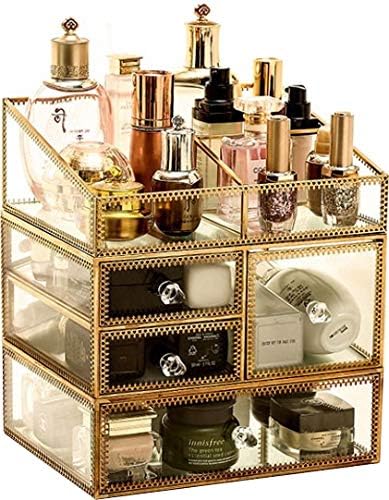 Gold Makeup Organizer,Cosmetic Storage Display Case with 4 Drawers Large Capacity,Fits Jewelry,Makeup Brushes,Lipsticks and More,Clear Transparent by KQGO