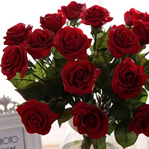 SHENGXIA 10Pcs Real Touch Artificial Silk Rose Flowers Bridal Bouquet Home Party Wedding Decoration (Dark RED)