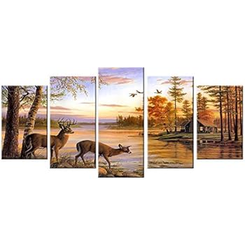 Deer Pictures Wall Decor Art Canvas Prints Large 5 Piece Moose Wildlife Themed Artwork Country Peaceful Landscape Photo for Bathroom Living Room Bedroom Home Decoration