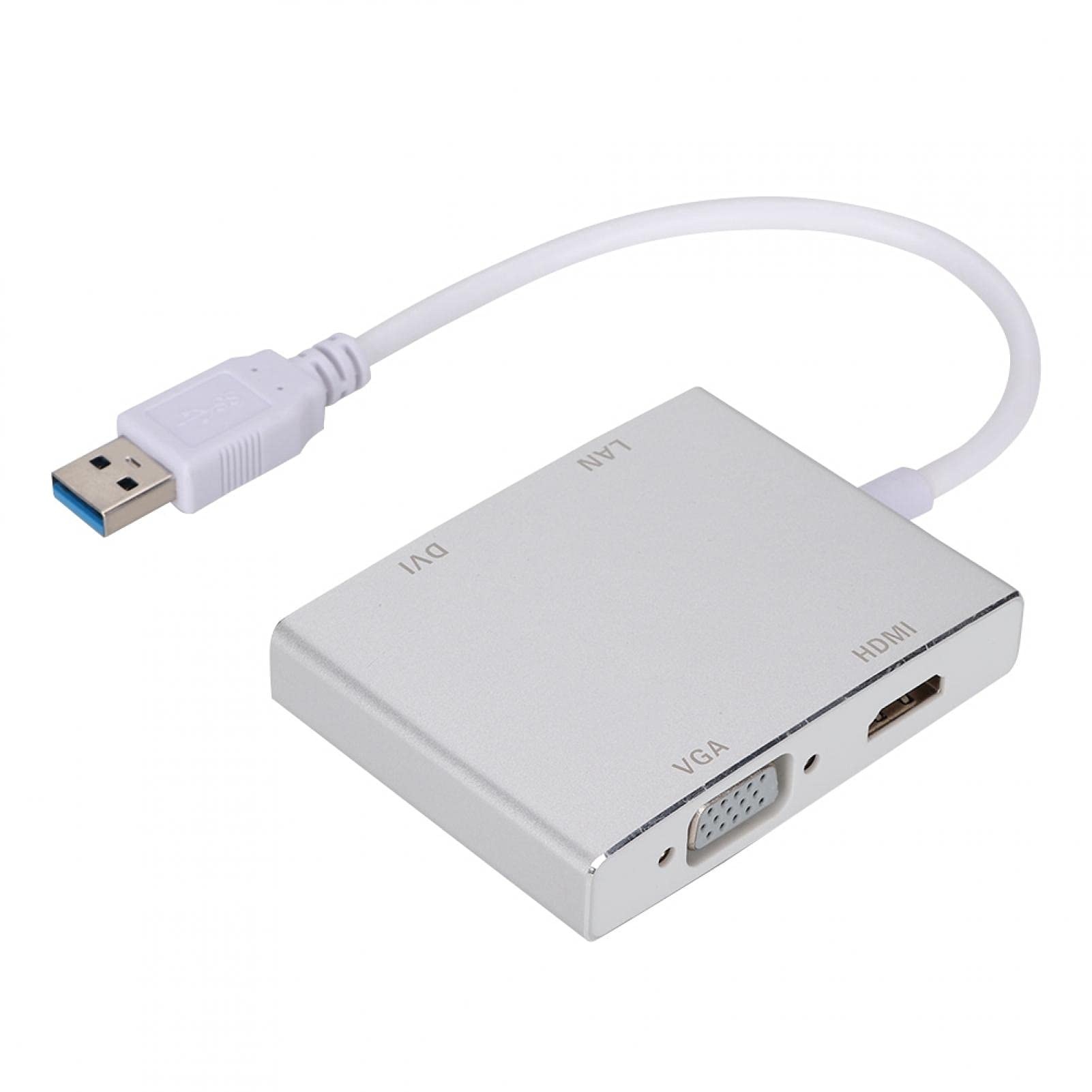 PUSOKEI USB 3.0 to LAN+DVI+HDMI+VGA Converter, Multi-Functional Aluminum Alloy USB C Hub Adapter, Support HDMI/VGA Dual Screen Output, Mini Protable USB to VGA Converter