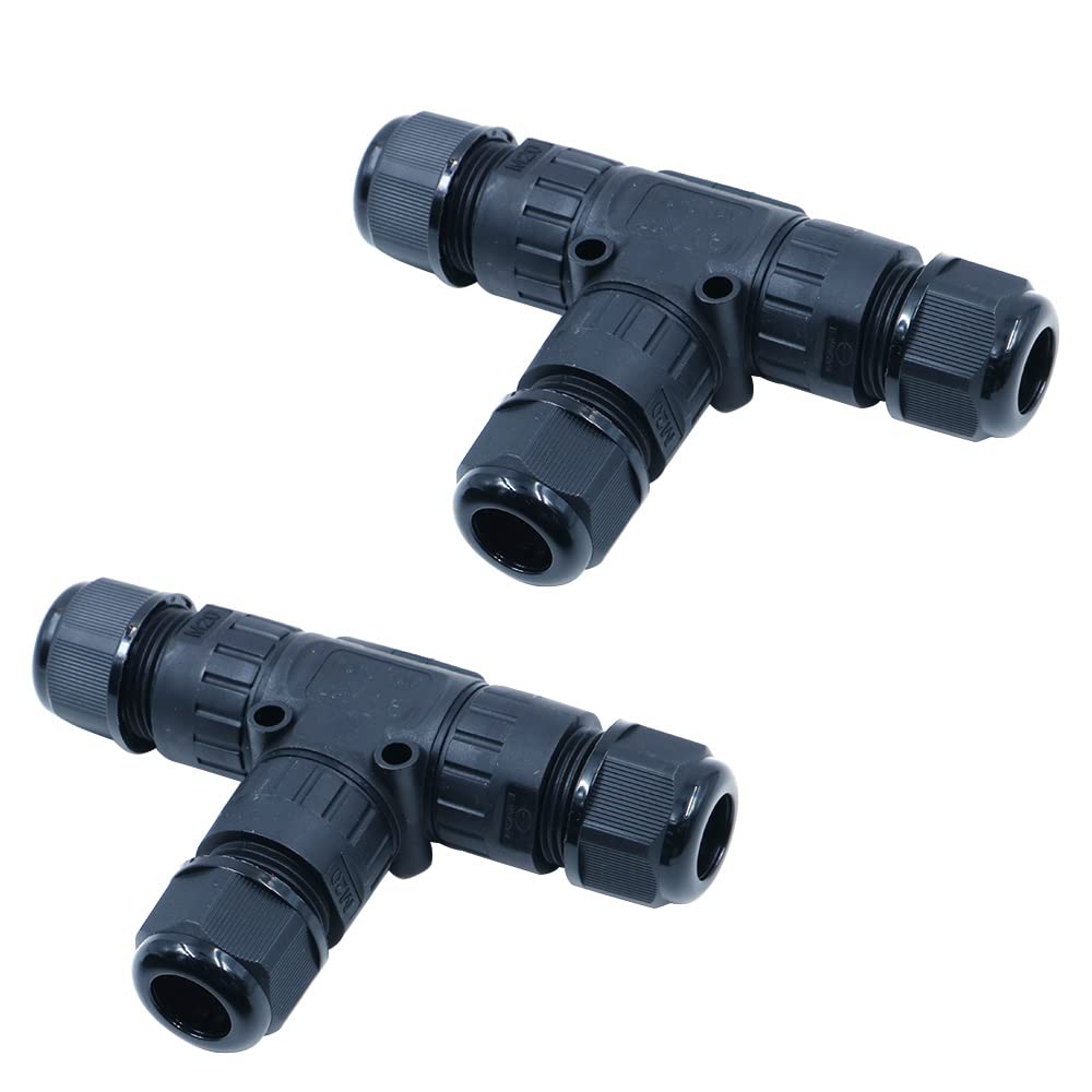 ZONADAH Pack of 2 T-Type 3 Ways IP68 Waterproof Electrical Cable Wire Connector 450V 24A 3 Pin 5-9mm 4M Depth Outdoor Garden Lighting Wiring