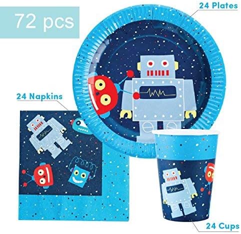 Robot Party Supplies Set for 24 - Includes 72 pcs total: 24 Cups, 24 Plates, 24 Napkins
