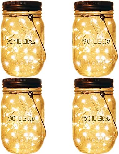 Mason Jar Tiki Solar Lights,LED Fairy Firefly Jar Lights for Patio Garden Yard Mason Jar Wedding Table Decor Solar Lantern Lights (4 Pack 30-LEDs (Mason Jars and Hangers Included))