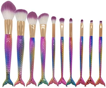 Mermaid Makeup Brush Set - Corlorful 10 pieces Cosmetic brushes Kit - Kabuki Collection with Eyeshadow Eyeliner Lipliner Powder Foundation Brushes