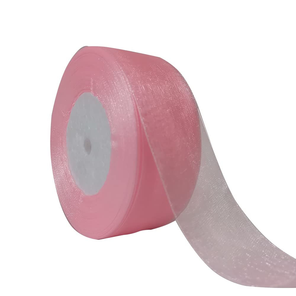 Dishaur Christmas Organza Ribbon for Gift Wrapping 38mm x 45m, Pink Sheer Organza Ribbon for Xmas Tree, Bows and Crafting