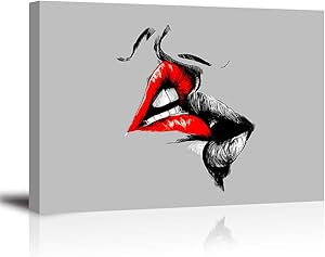 Abstract Sketch Red Lips Canvas Wall Decor Art Lover Kiss Painting Black White and Gray Picture Romantic Home Decoration for Bedroom (24x36 inches,Ready to Hang)