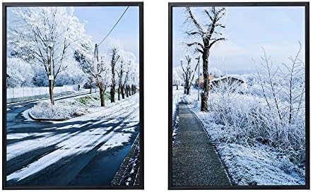 50x70cm X2枚 ライト高級 クリスタル磁器の装飾画 黒アルミ合金フレーム 冬市道路通り雪 アートパネル 壁掛け絵画 インテリアアート 現代 壁飾り 部屋飾り 壁ポスター 絵画 玄関 おしゃれ モダン 壁掛け