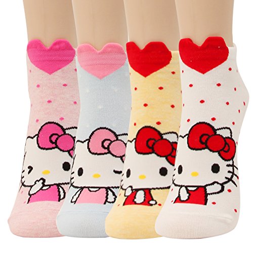 Women's Hello Kitty Design Socks Cotton Low Cut Ankle Novelty Socks For Girl (2.Heart Kitty-4pairs)