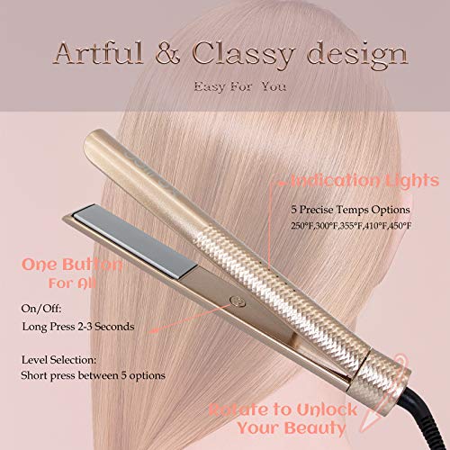 Jolirox Ceramic Hair Iron Straightener Curler, Round Titanium Flat Iron, Tourmaline Straightening and Curls 1 inch, 2 in 1 Professional Salon Styler, Dual Voltage for Travel (Champaigne Gold)