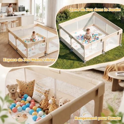KUQAZ Beige Parc Bebe avec Tapis - 150x150cm Parc Enfant Sécurisé, Aire de Jeu Carrée en Tissu Oxford, Filet Respirant 360°, Structure Stable avec Puissantes Ventouses et 4 Anneaux