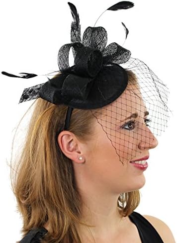 French Kiss Fascinator Sinamay Tea Party Derby Hat Headband with Bow Feathers Net and Veil