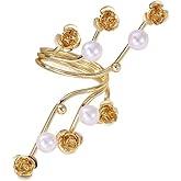 Izpack Rose Flower Pearl Statement Wrap Ring for Women Gold Plated Floral Bead Ball Layered Open Adjustable Finger Bands Wedding Engagement Promise Rings Jewelry Cocktail Party