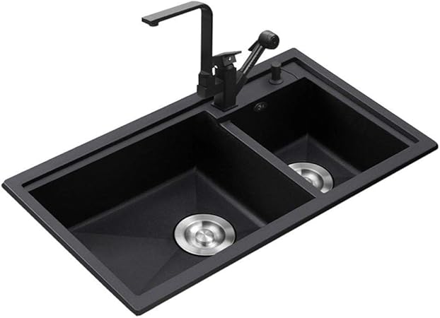 Fregadero de Cuarzo Fregadero Doble de Granito Negro Lavabo de Cocina
