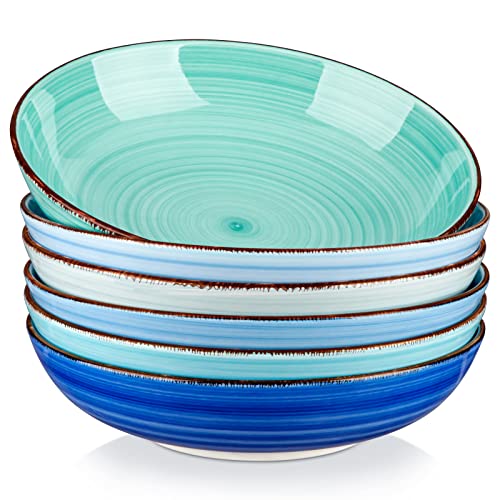 vancasso Bonita Pasta Bowls 38 oz/1140 ml, Large Ceramic Salad Bowls, Pasta Bowl Set of 6, Microwave & Dishwasher Safe Soup Bowls, Serving Bowls, Cool Colors