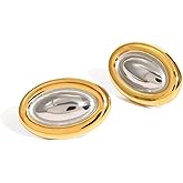 Hpoewre Chunky Two Tone Earrings for Women, Textured Thick Geometric Stud Earrings, Vintage Golden Silvery Mix Color Women's Earrings, Hypoallergenic Fashion Jewelry Gift