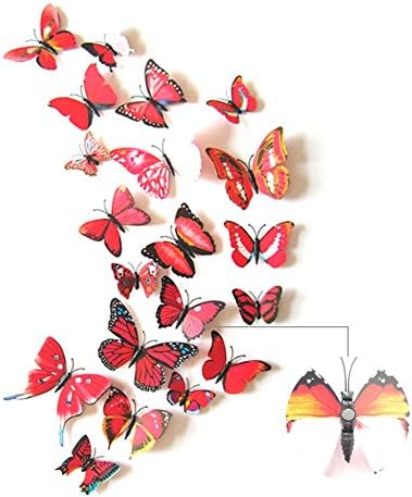 3D Butterfly Wall Sticker Crafts Butterflies with Magnetic、Sponge Gum and Pin Pack of 12 (Red-Magnetic Button&amp;Sponge Gum)