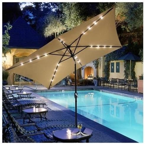 10x6.5ft Rectangular Umbrella w/ Solar LED Lights Beige