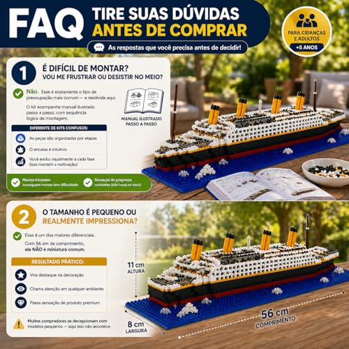 Kit Blocos de Construção Titanic 56cm | Com Base Oceano