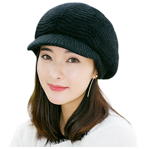 Women Knit Hat, Proboths Winter Soft Knitted Hat Stretch Outdoor Snow Ski Beanie Cap with Visor for Women Girl Black