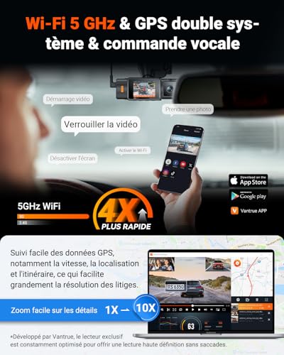 VANTRUE N4S Triple STARVIS 2 Car Dashcam 2.7K+2.5K+2.5K Front and Rear, 5GHz WiFi Infrared GPS Camera, 3 Canuax HDR 360°, French Voice Control, 15s Pre-Recording, Max 1TB