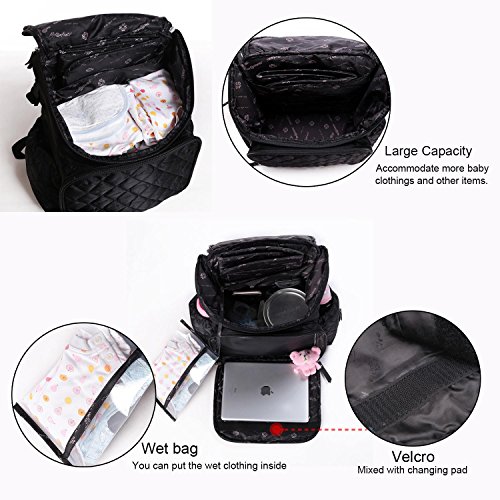 Gavarnie Diaper Backpack Smart Organizer Baby Nappy Bag Backpack with Insulated Pockets,Changing Pad,Stroller Straps,Fashion Lattice Quilted,Water Resistant Travel Daypacks for Women Men,Black