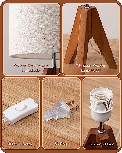 EDISHINE Small Table Lamp, Wooden Tripod Bedside Lamp with Linen Fabric Lampshade, 14.2" Nightstand Lamp for Bedroom, Living Room, Office, 2 Pack