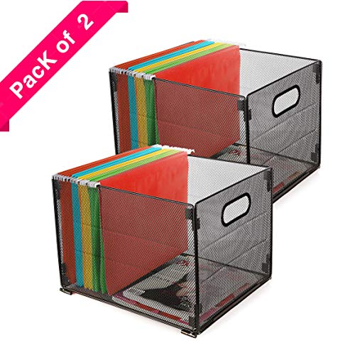 Samstar Set of 2 File Folder Box, Mesh Metal File Crate Organizer Box Hanging File Holder Rack Frame, Letter Size, Black