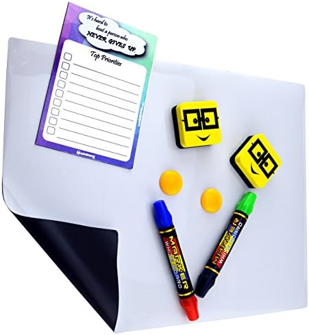 Magnetic Dry Erase Board - Whiteboard Sheet for Fridge STAY ORGANIZED Refrigerator Day Planner & Organizer 2 Erasers 2 Markers 4 Colors BONUS NotePad & 2 Pins IDEAL Meal Planning, Messages for Family