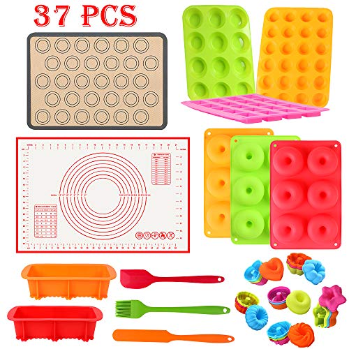 37PCS Silicone Baking Set Nonstick Bakeware Baking Sheet Pastry Kneading Macaron Mat, Donuts Cupcake Loaf Pan Chocolate Muffin Pan Bake Spatulas Brush BPA Free Oven- Microwave- Dishwasher Safe
