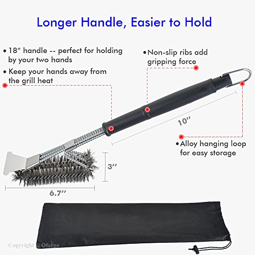 Ofargo Grill Brush and Scraper, Heavy Duty 3-in-1 Stainless Steel Woven Wire Bristles BBQ Cleaner Brush with Strength Clips for Cleaning Weber, Traeger, Char Broil, Kamado Grill Grates (18’’ Handle)