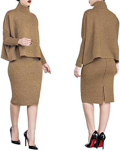 VERTTOP Women Midi Winter Dress Solid Color Two Piece Sets Turtle Neck Long Sleeve Loose Shirt Sweatsuit Pullover Blouse Brown XXL