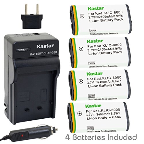 Kastar Battery (4-Pack) and Charger Kit for Kodak KLIC-8000, K8000 work with Kodak Z1012 IS, Z1015 IS, Z1085 IS, Z1485 IS, Z612, Z712 IS, Z812 IS, Z8612 IS Cameras