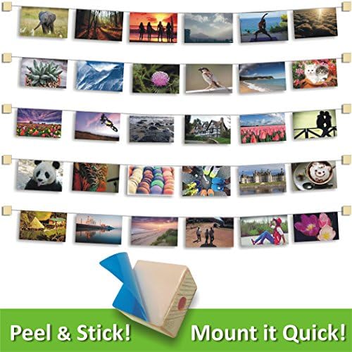 MW Photo &amp; Artwork Display | Self Adhesive Hanging Photo Display | Modular Hanging Artwork Display | Adjustable Display for Photos | Natural Wood |10 Holders | 50 Clips | 20 ft White Twine