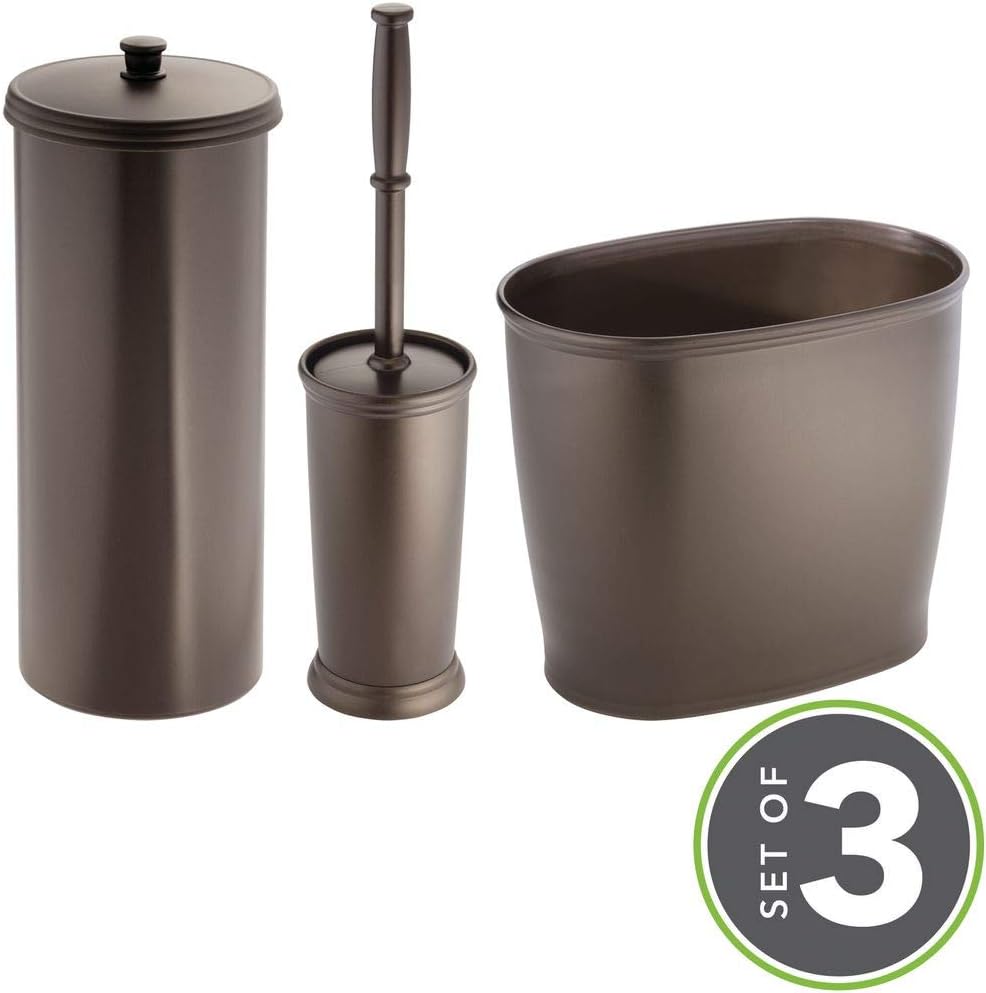 mDesign Modern Plastic Bathroom Storage and Cleaning Accessory Set - Includes Bowl Brush, 3-Roll Toilet Paper Canister with Lid, Wastebasket Trash Can/Garbage Bin - 3 Pieces - Bronze: Home & Kitchen
