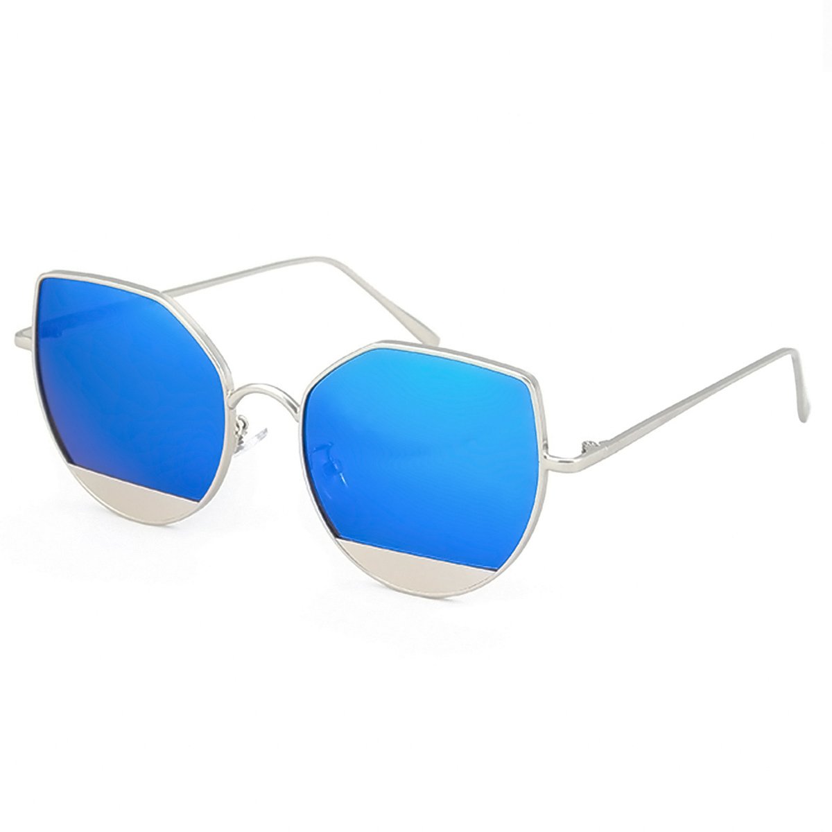 WISH CLUB Cat Eye Sunglasses Coating Mirrored Flat Lenses Fashion Metal Frame Women UV 400 (Blue)