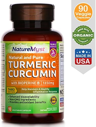NatureMyst Gluten Free, Non-Gmo 1650mg Organic Turmeric Curcumin with Bioperine Dietary Supplement, 90 Vegeterian Capsules