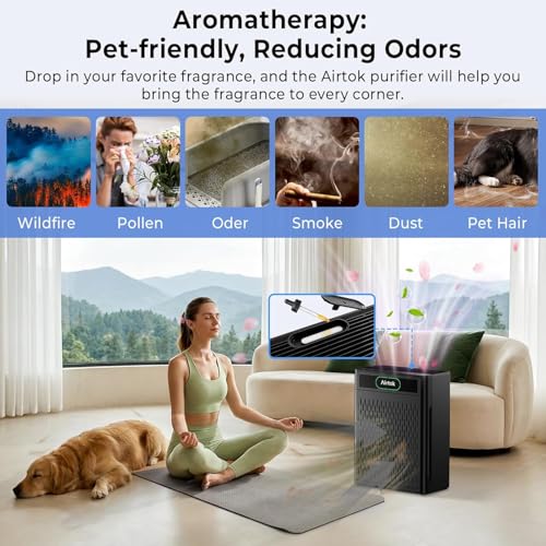 AIRTOK Home Air Purifier 170m² HEPA Filter Removes 99.97% Allergens Smoke Dust Pet Pollen Odor with Air Quality Monitoring PM 2.5 Aromatherapy Washable Filter