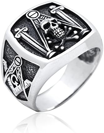 925 Sterling Silver Freemason Freimaurer Masonic Skull & Pillars Freemasonry Ring