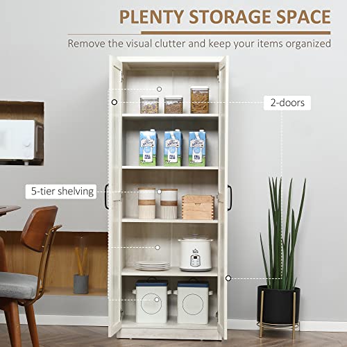 HOMCOM 63" Kitchen Pantry Cabinet with Shaker Doors, Modern Freestanding Tall Buffet Storage Cabinet with Adjustable Shelves, Distressed White