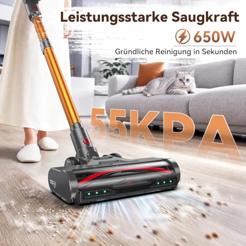 TechRise Akku Staubsauger,55KPa/650W/70Min Staubsauger Kabellos mit Selbststehend Laufzeit,LED-Display,Anti-Tangle-Bürste, 8-in-1-Filter,für Tierhaare,Mehrere Lademethoden,Teppich & Hartböden