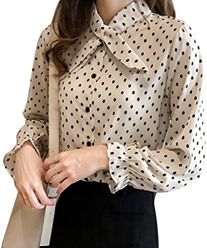 XWBO Women's Stripe Pot Printed Elegant Bow Tie Neck Long Sleeve Chiffon Blouse Top