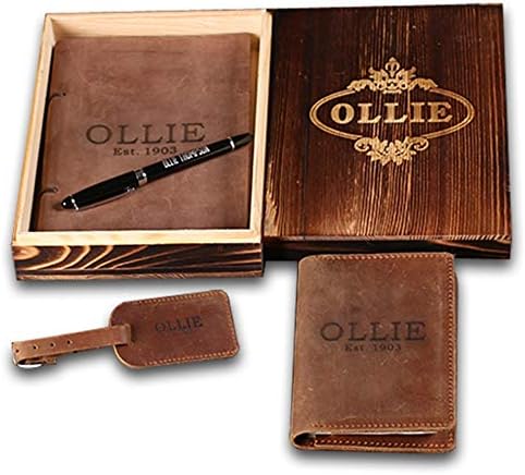 DG Monogram Travel Gift Set with Rustic Brown Leather Passport Holder, Leather Travel Journal, Leather Luggage Tag and Pen in Wooden Gift Box