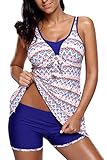 AlvaQ Women Asymmetric Hem Open Back Printed Swimdress Two Picec Tankini Swimsuits
