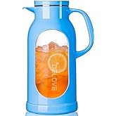 Delove 68 oz/2 Liter Glass Pitcher with Shatterproof Shell - Heat Resistant Glass Liner - Stainless Steel Lid - Carafe & Jug for Iced Tea,Hot/Cold Water,Homemade Juice Beverages (Blue)