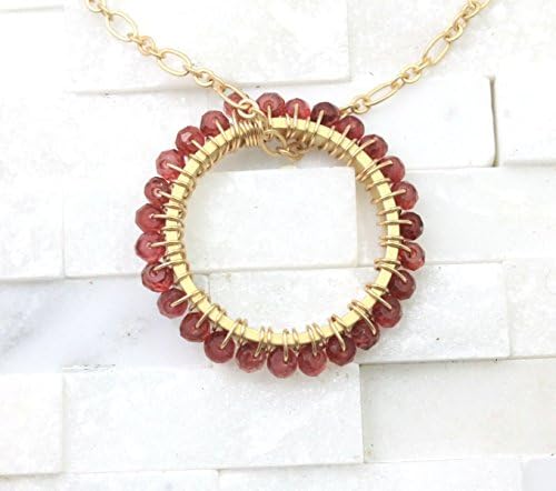 Birthstone Circle necklace goldtone Garnet red