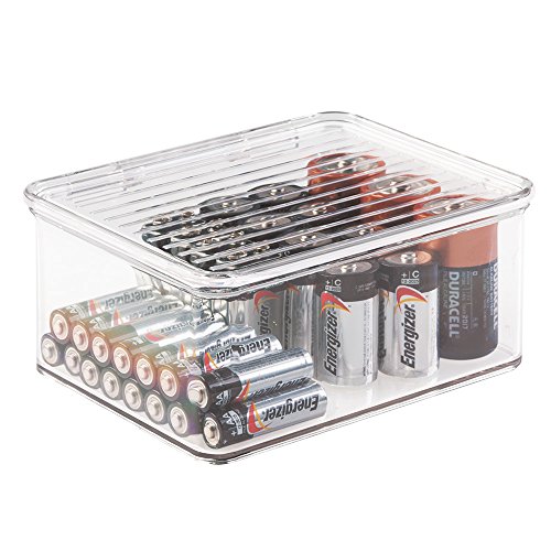 mDesign Small Stackable Battery Storage Organizer Box Bin with Hinged
