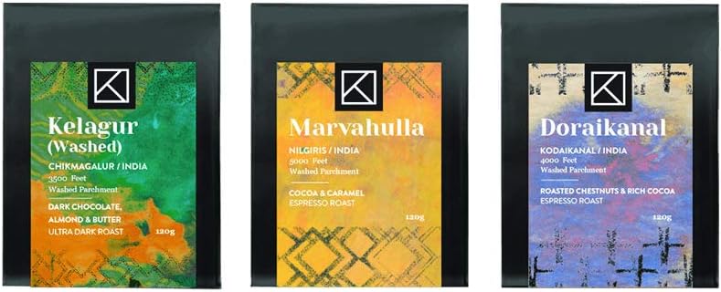 KoinoniaKCROASTERS, 120gm X 3 Dark Roast Sampler Pack, Arabica Coffee Beans, Roasted & Ground For Electric Brewer, Packed in Biodegradable Bags