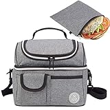 Lunch Tote Bag & Reusable Sandwich Bag Bundle – Double Compartment Lunch Tote and snack Ziploc Bag – Food Grade Quality –Insulated Lunch Box for Kids Women Men – Eco-Friendly Travel Lunch Cooler